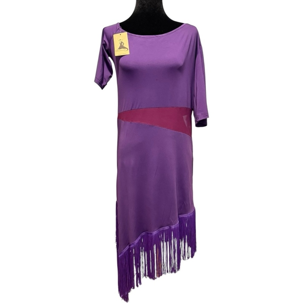 Whitewed Competition Latin Dance Dress Purple Sheer Fringe Off Shoulder Lg